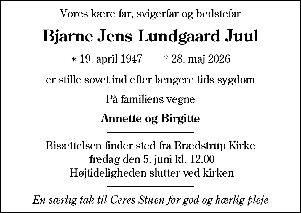 Dødsannonce for Bjarne Jens Lundgaard Juul