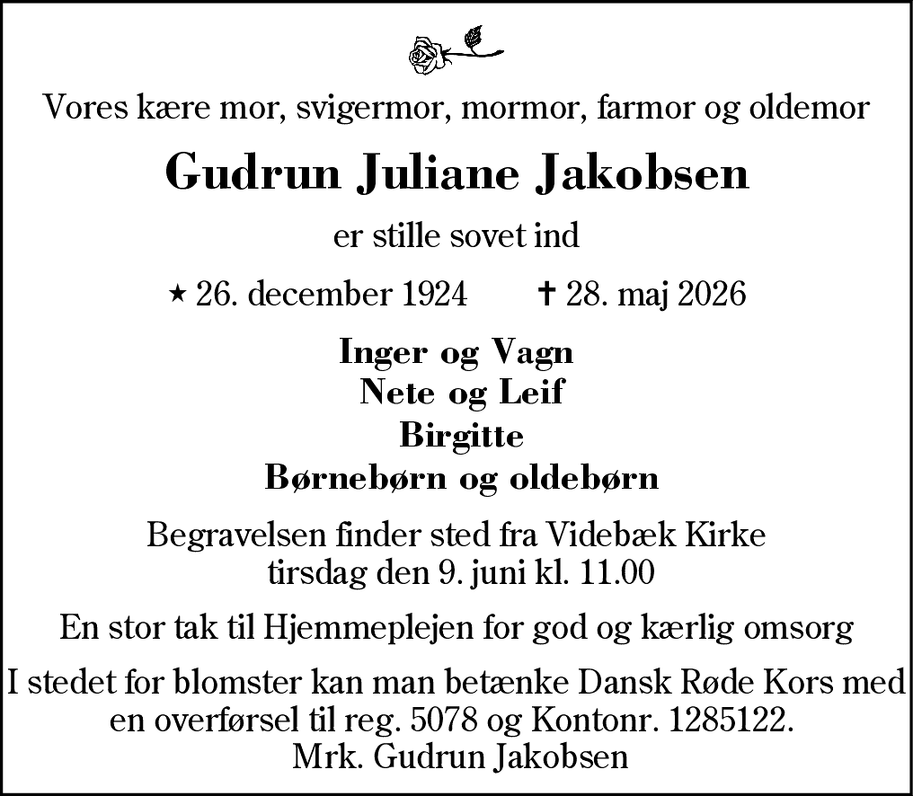 Dødsannonce for Gudrun Juliane Jakobsen