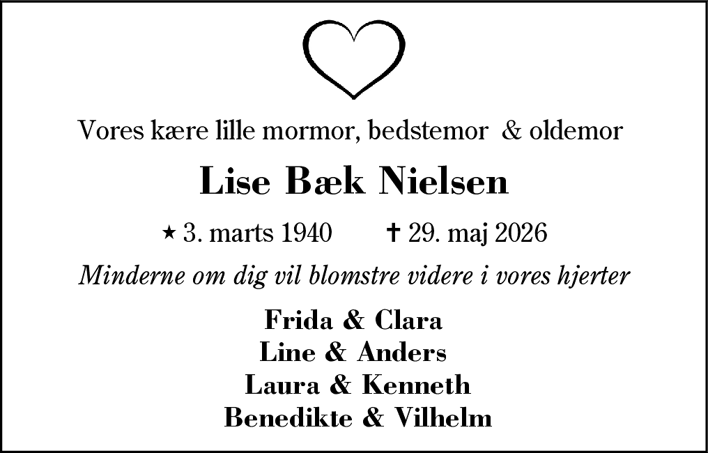 Dødsannonce for Lise Bæk Nielsen