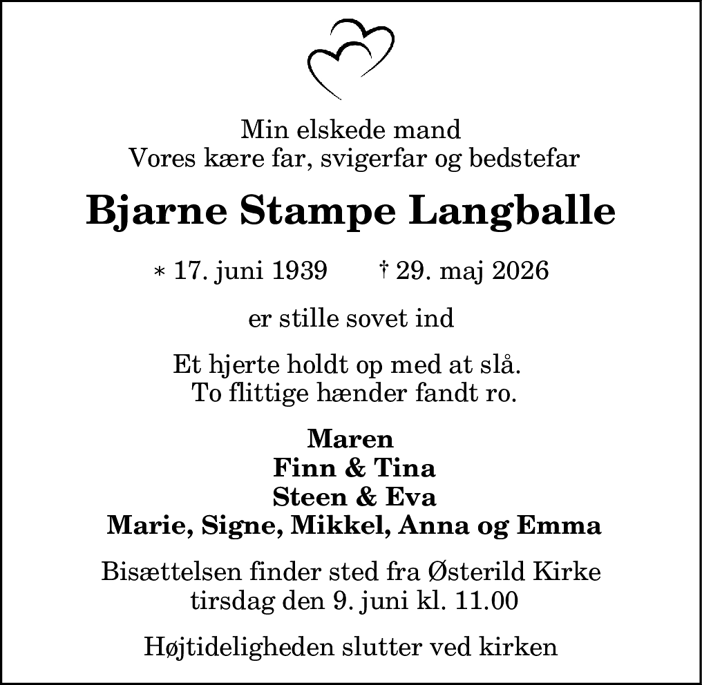Dødsannonce for Bjarne Stampe Langballe