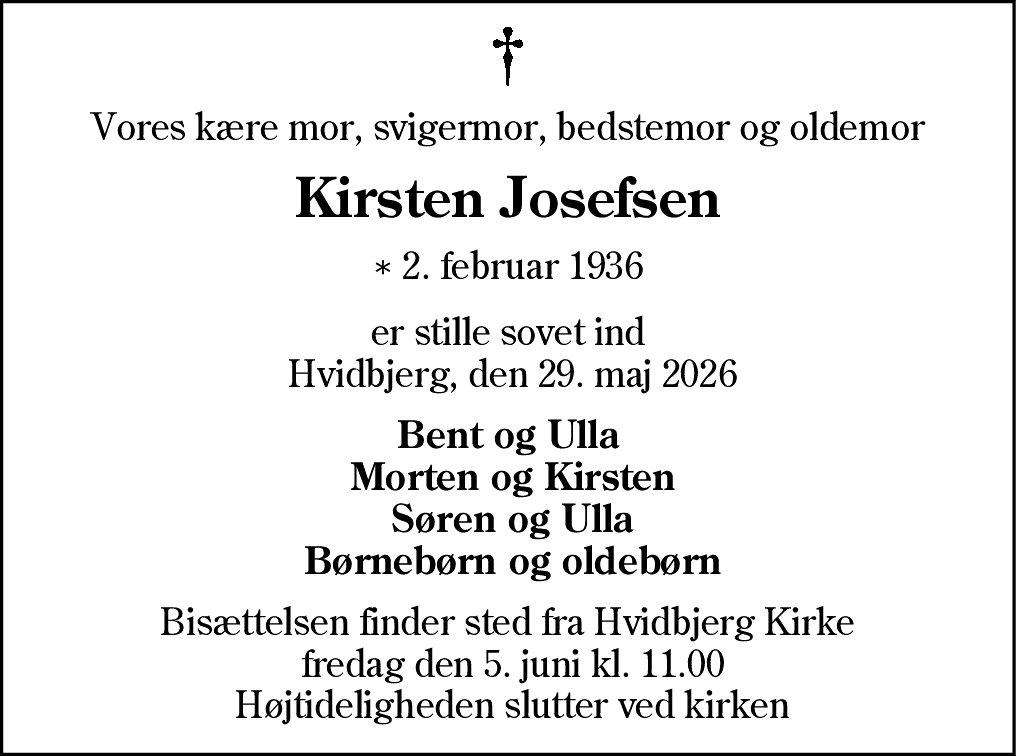 Dødsannonce for Kirsten Josefsen