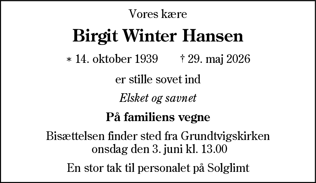Dødsannonce for Birgit Winter Hansen