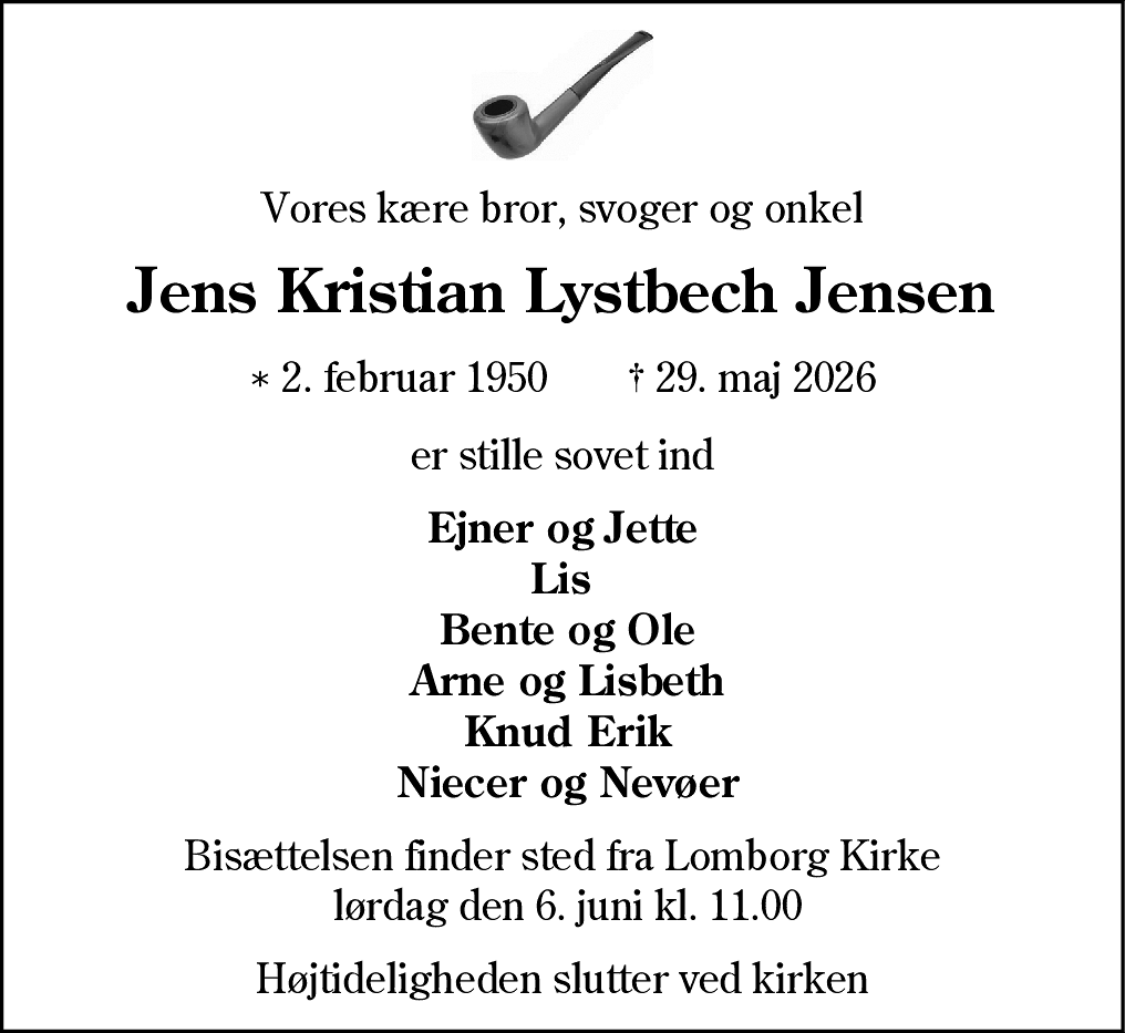 Dødsannonce for Jens Kristian Lystbech Jensen