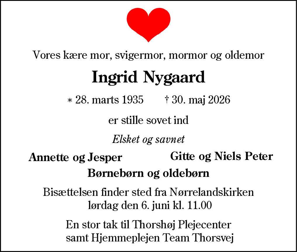 Dødsannonce for Ingrid Nygaard