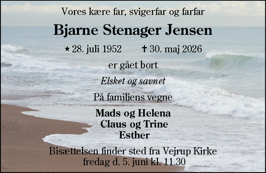 Dødsannonce for Bjarne Stenager Jensen