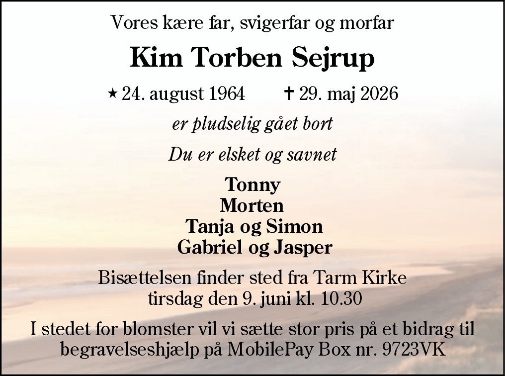 Dødsannonce for Kim Torben Sejrup
