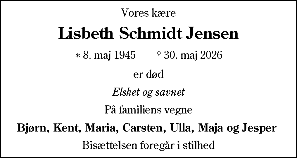 Dødsannonce for Lisbeth Schmidt Jensen