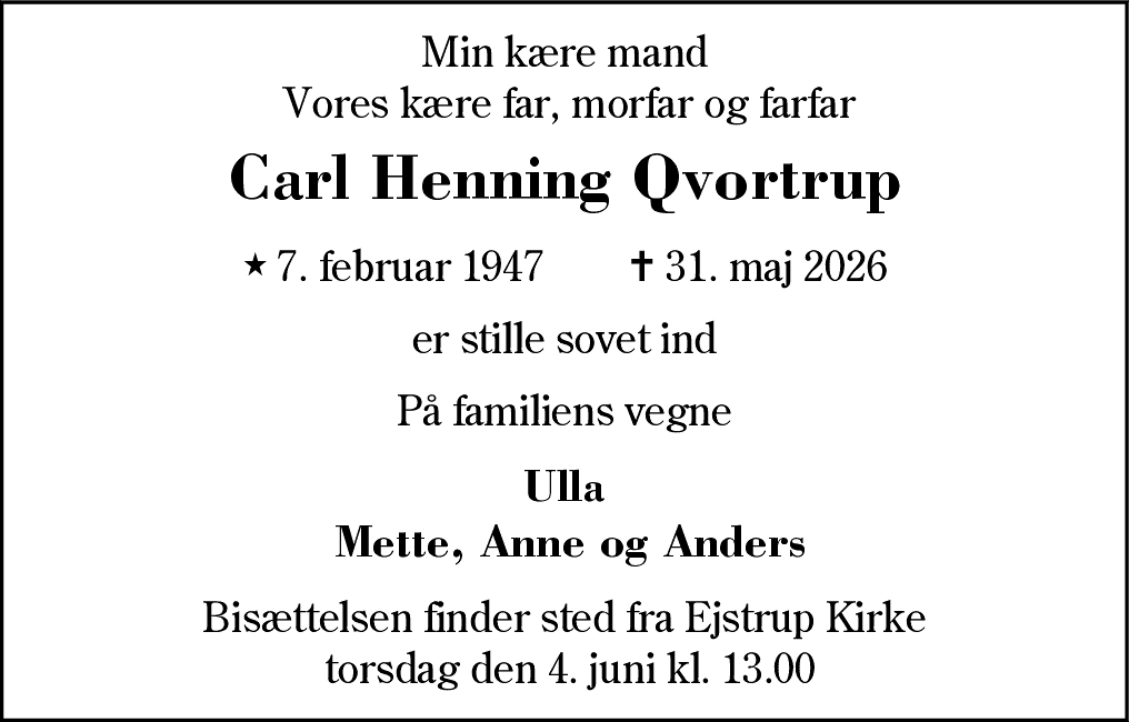 Dødsannonce for Carl Henning Qvortrup