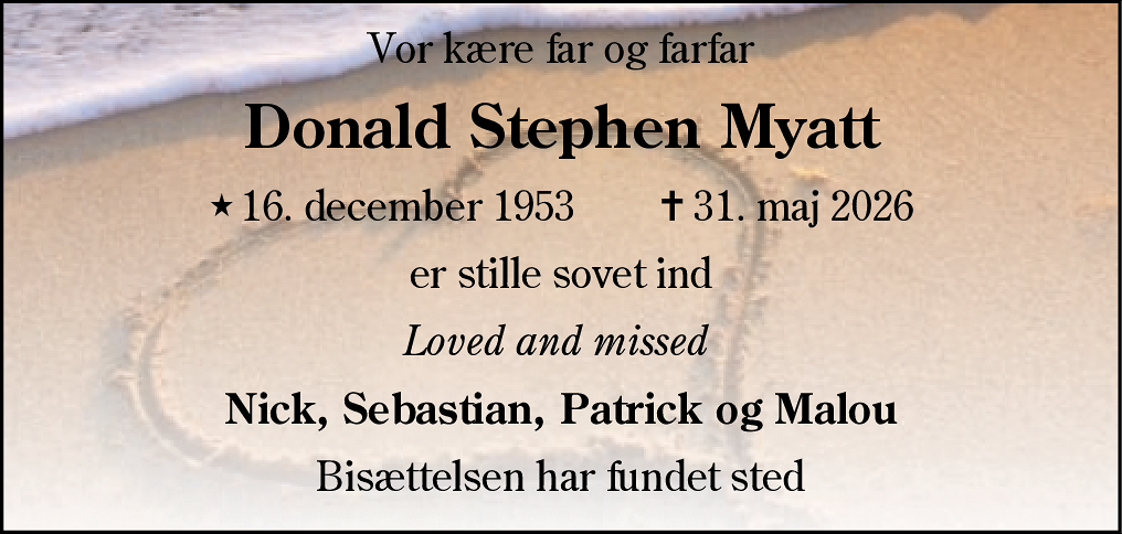 Dødsannonce for Donald Stephen Myatt