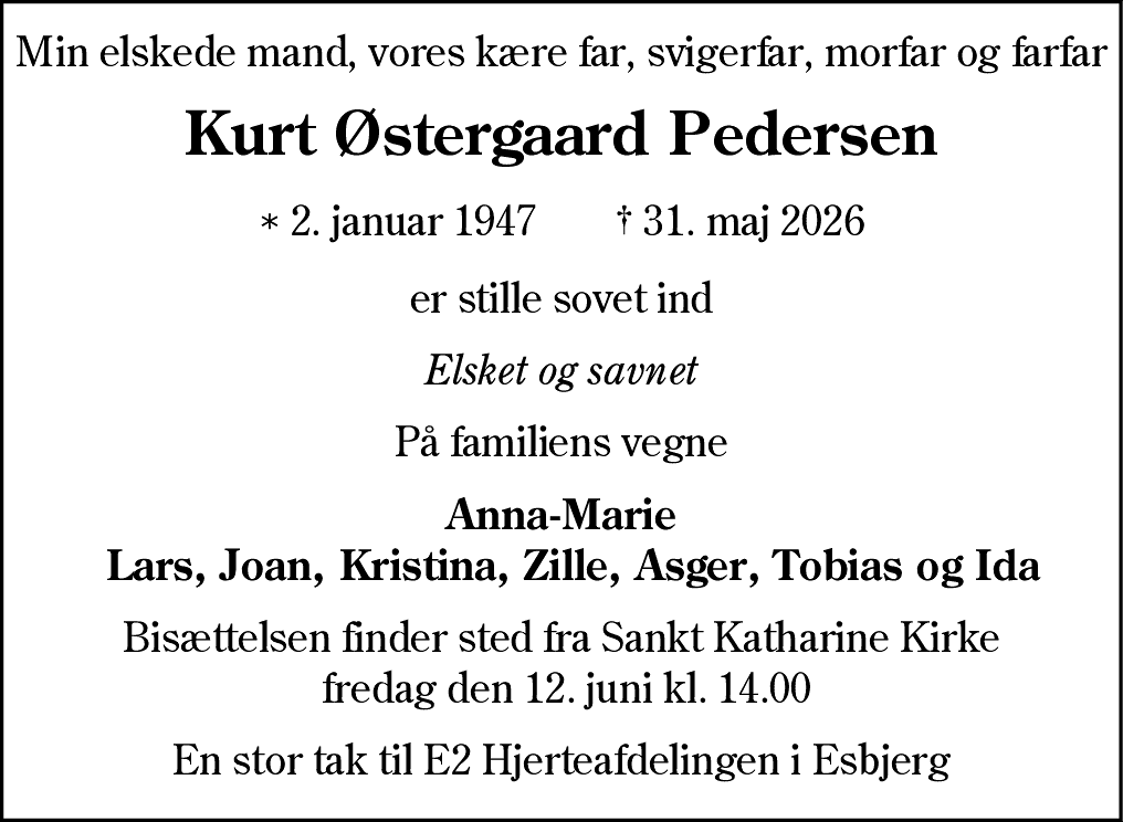 Dødsannonce for Kurt Østergaard Pedersen