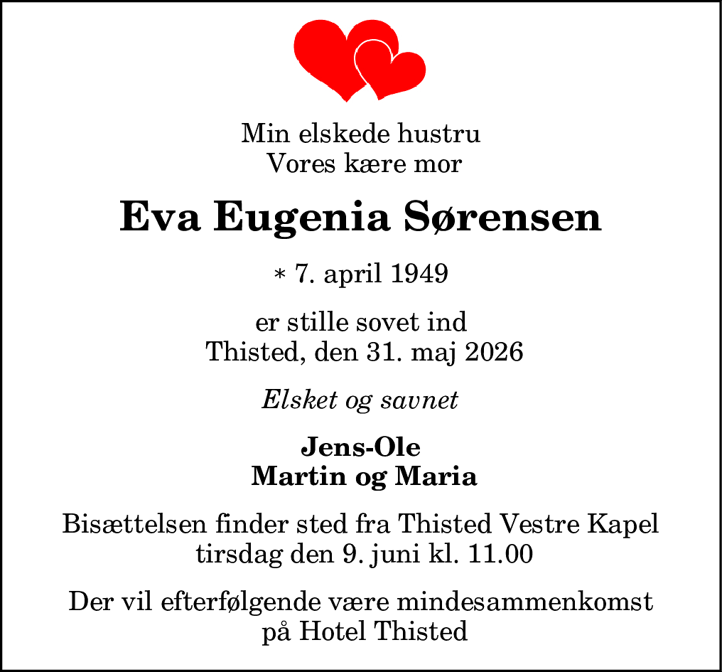 Dødsannonce for Eva Eugenia Sørensen