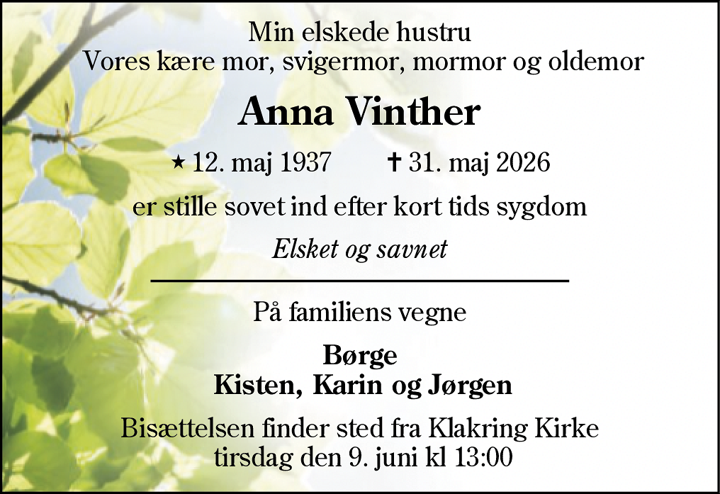 Dødsannonce for Anna Kirstine Vinther
