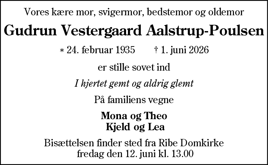 Dødsannonce for Gudrun Vestergaard Aalstrup-Poulsen