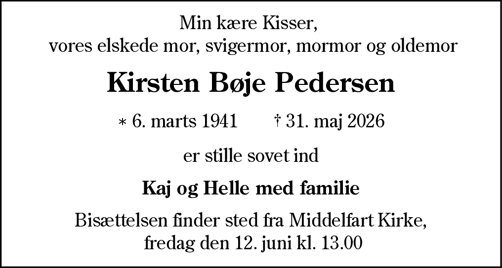 Dødsannonce for Kirsten Bøje Pedersen