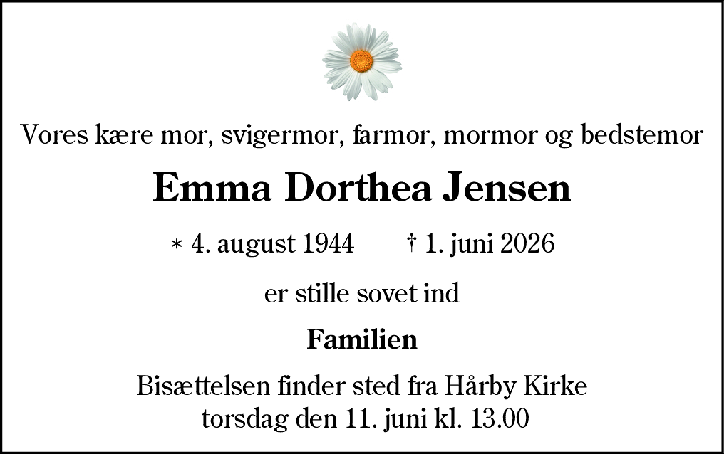 Dødsannonce for Emma Dorthea Jensen