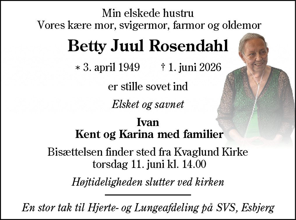 Dødsannonce for Betty Juul Rosendahl