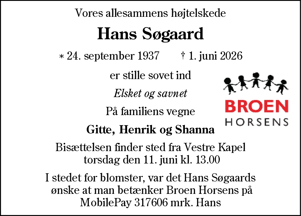 Dødsannonce for Hans Søgaard