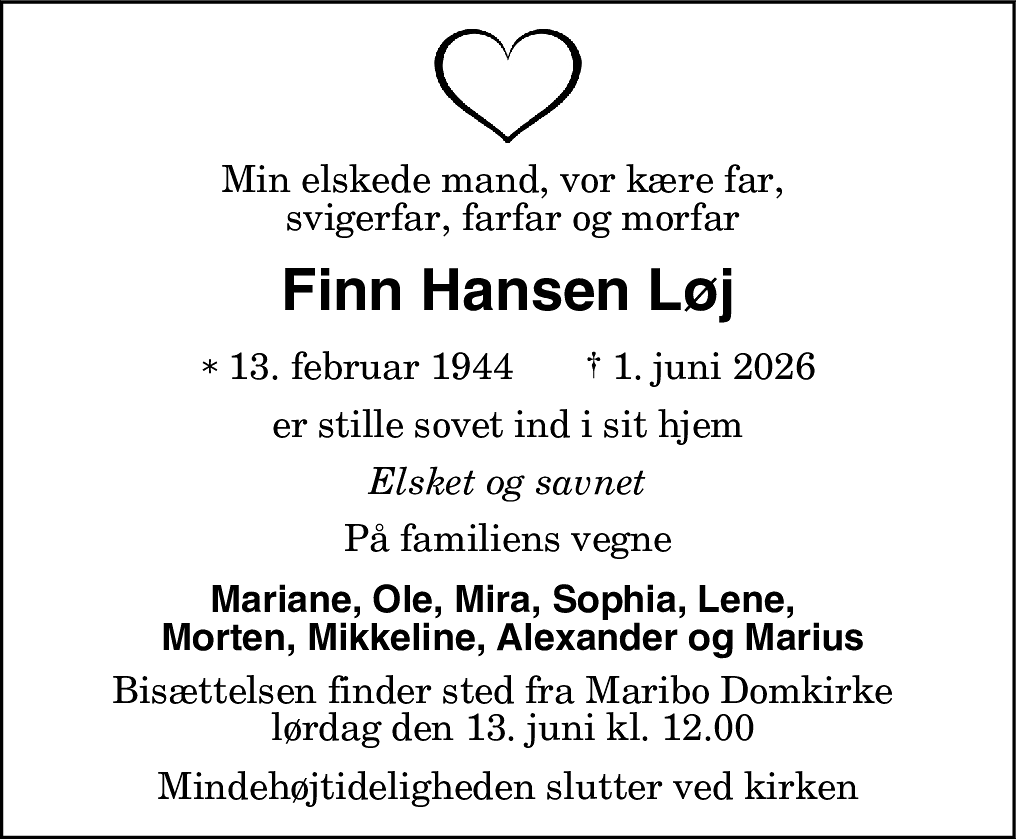 Dødsannonce for Finn Hansen Løj