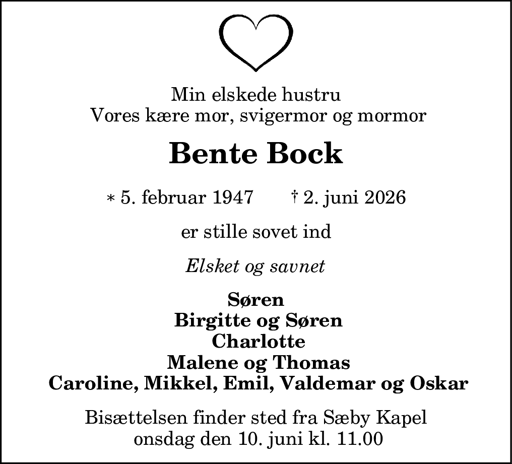 Dødsannonce for Bente Bock