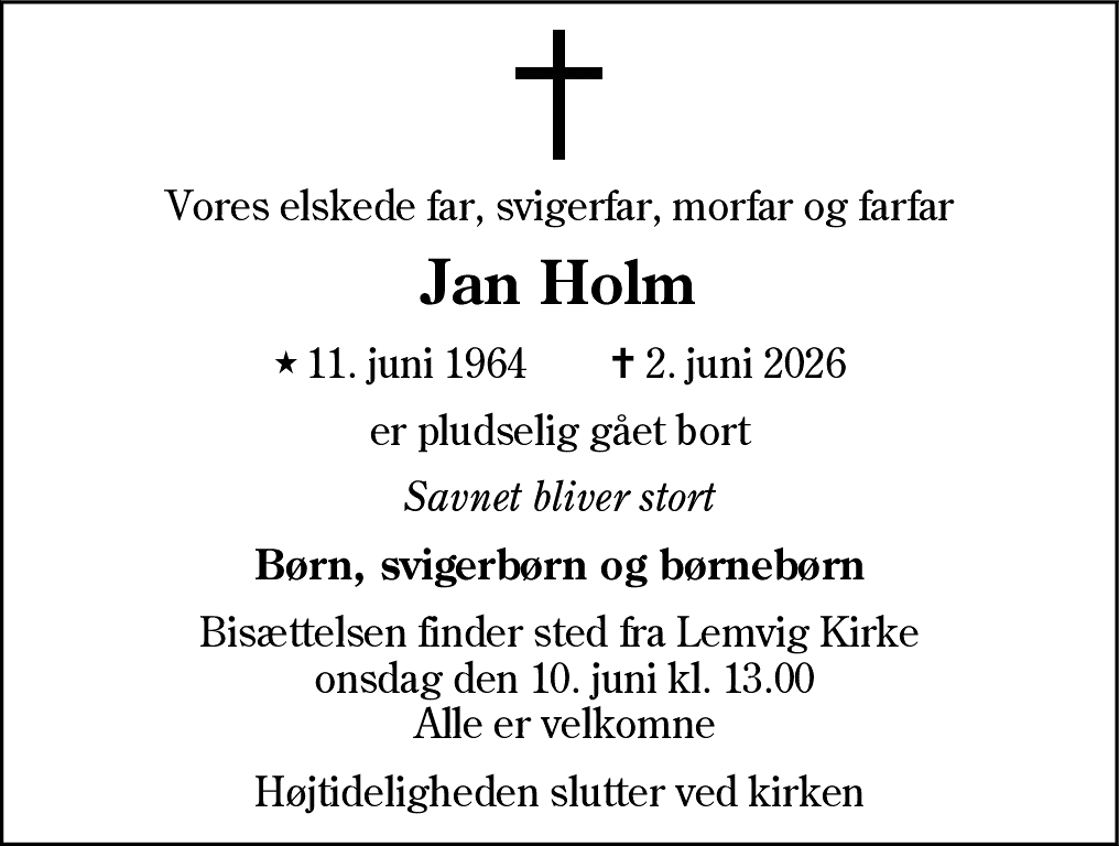 Dødsannonce for Jan Holm
