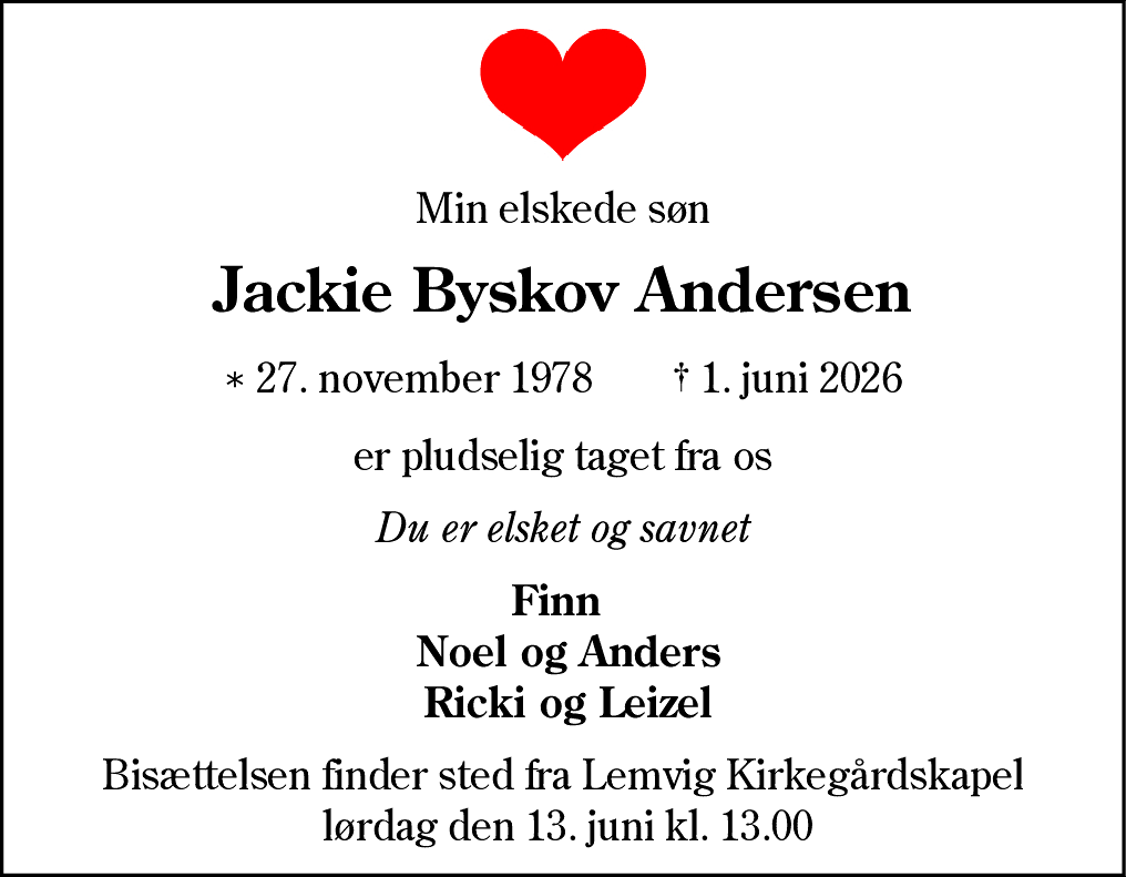 Dødsannonce for Jackie Byskov Andersen