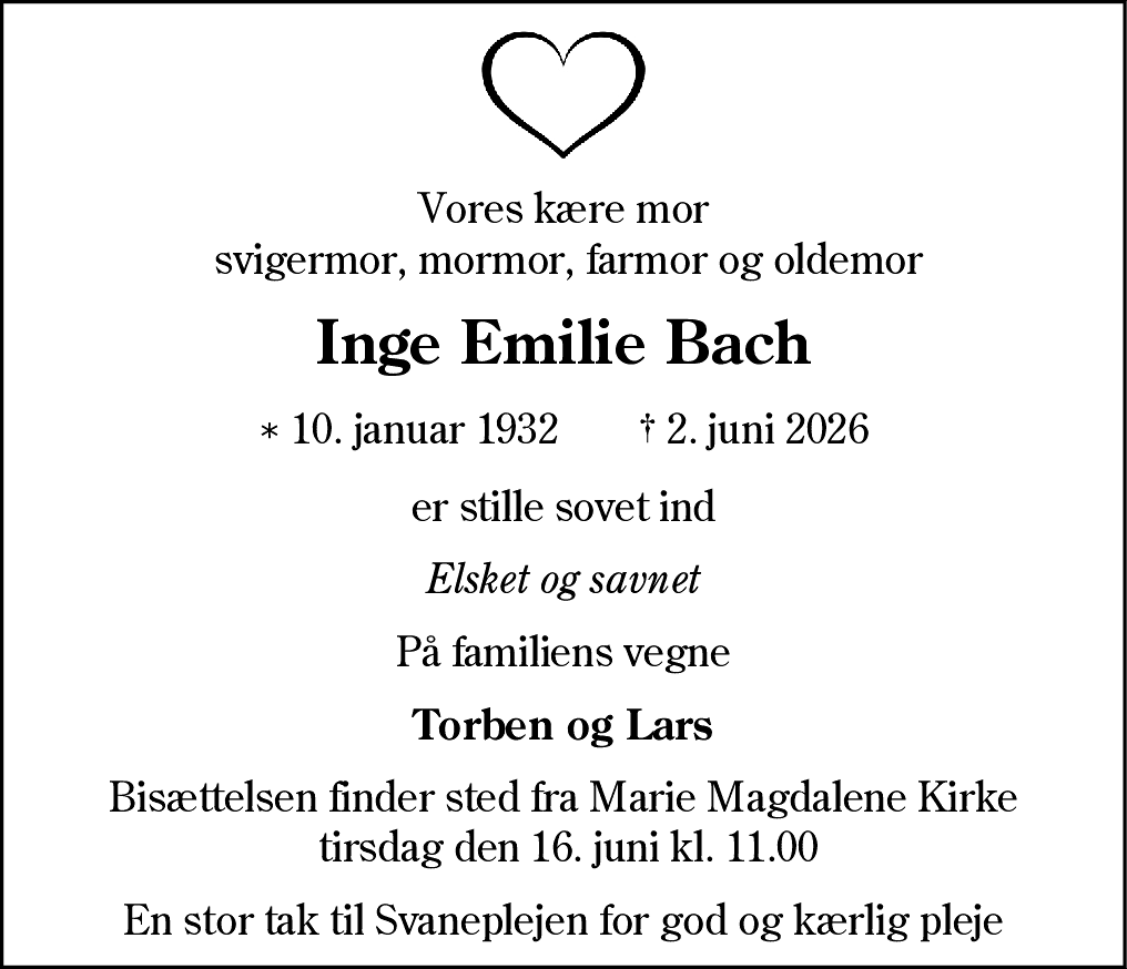 Dødsannonce for Inge Emilie Bach