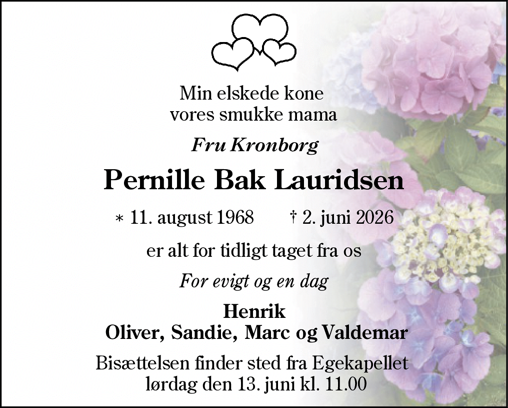 Dødsannonce for Pernille Lauridsen