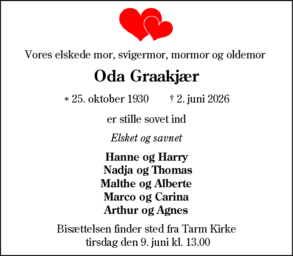 Dødsannonce for Oda Graakjær