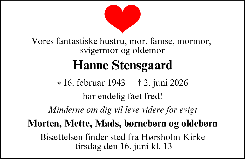 Dødsannonce for Hanne Stensgaard