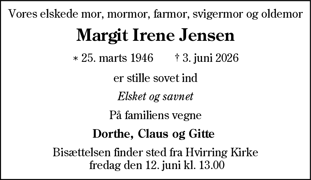 Dødsannonce for Margit Irene Jensen