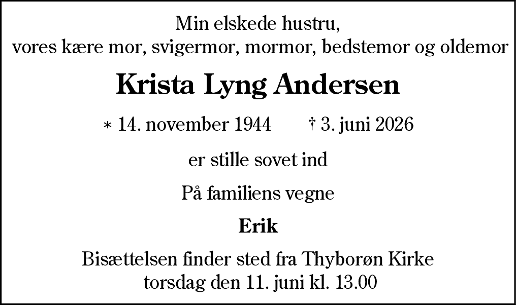 Dødsannonce for Krista Lyng Andersen