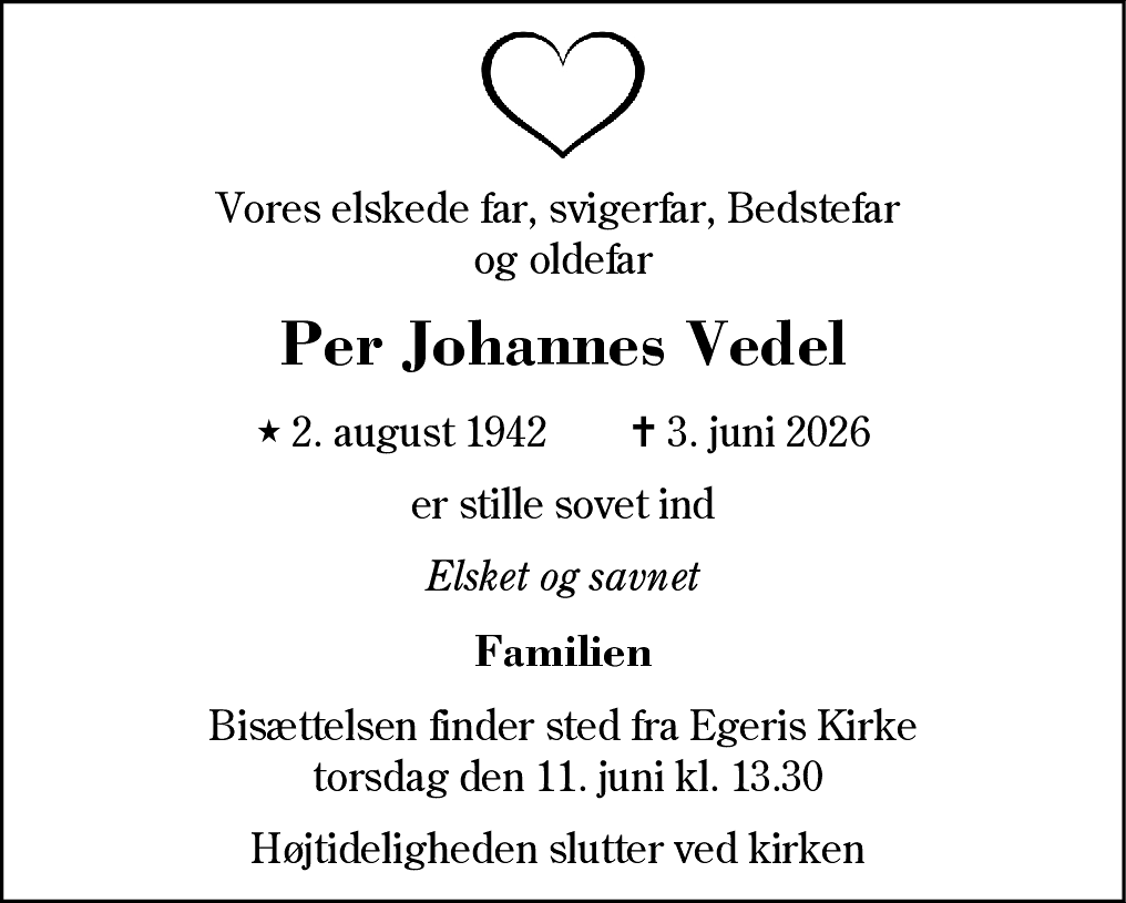 Dødsannonce for Per Johannes Vedel