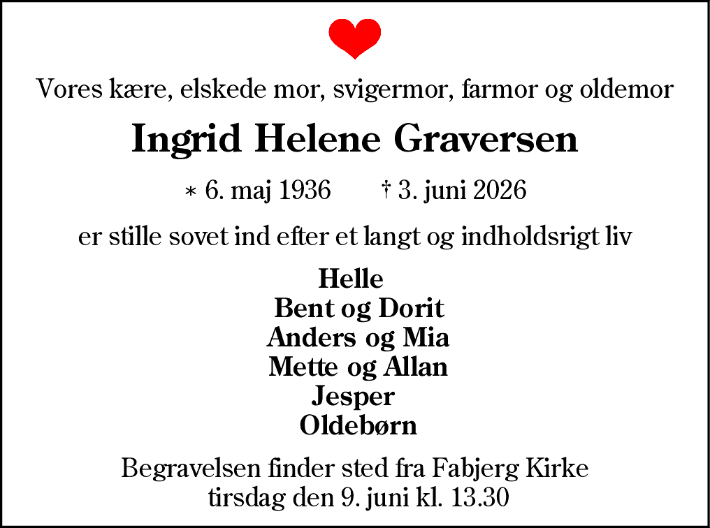 Dødsannonce for Ingrid Helene Graversen