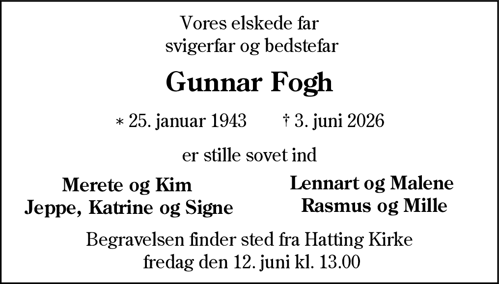 Dødsannonce for Gunnar Fogh