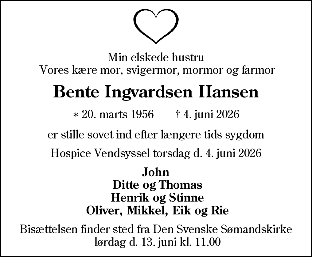 Dødsannonce for Bente Ingvardsen Hansen
