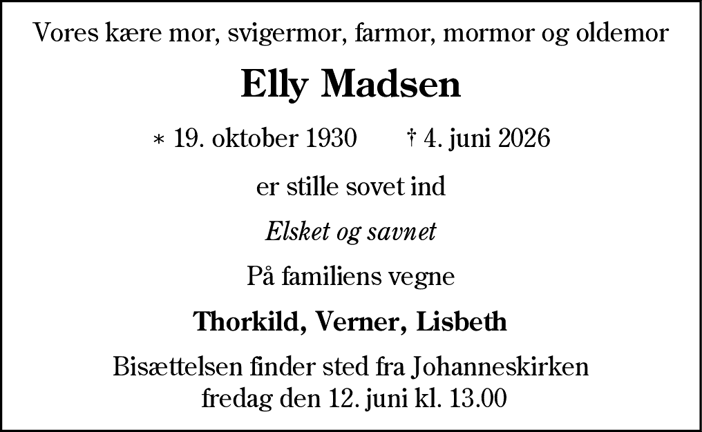 Dødsannonce for Elly Madsen