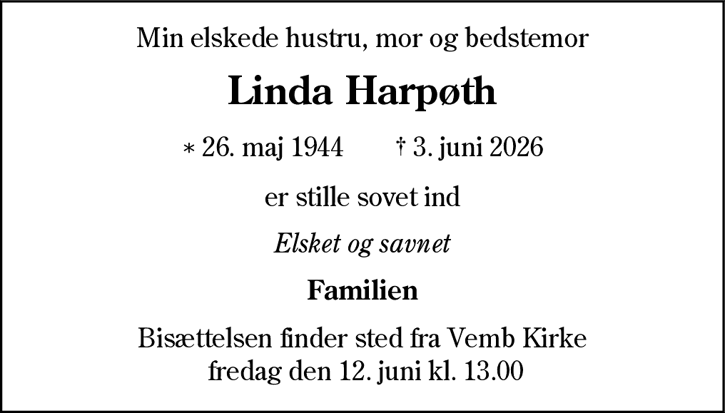 Dødsannonce for Linda Harpøth