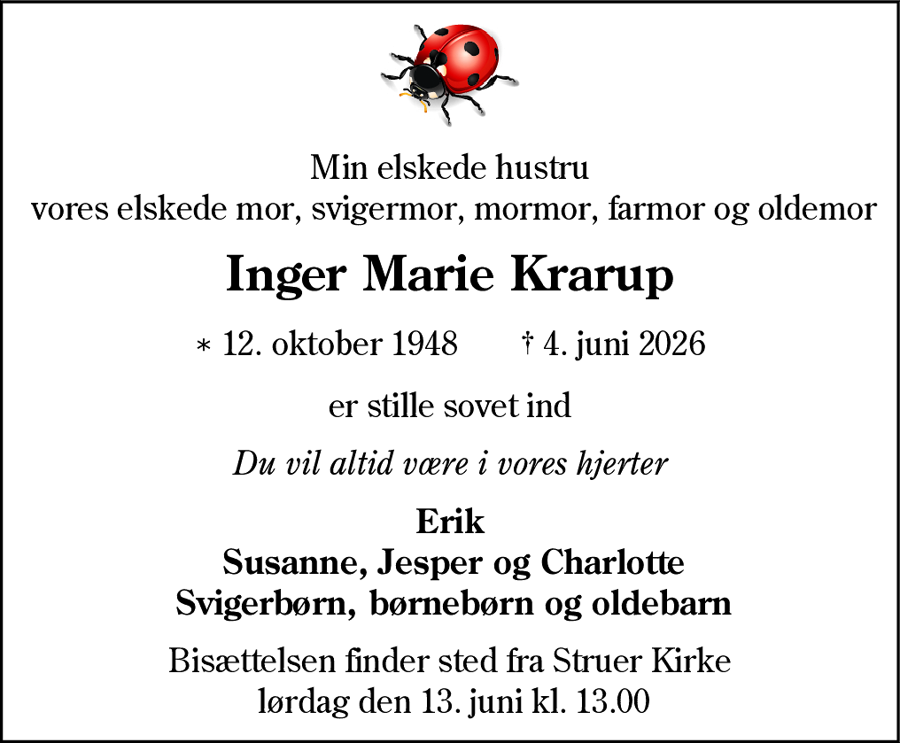 Dødsannonce for Inger Marie Krarup