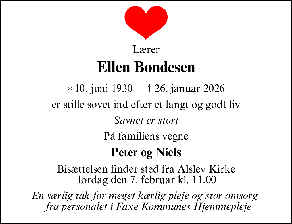 Dødsannonce for Ellen Bondesen