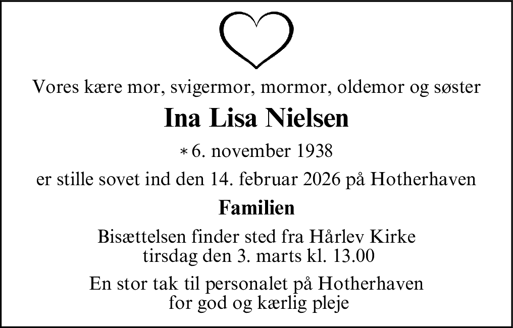 Dødsannonce for Ina Lisa Nielsen