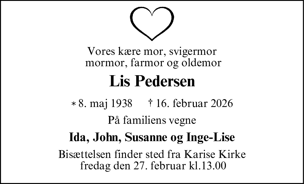 Dødsannonce for Lis Birgit Kristensen Pedersen