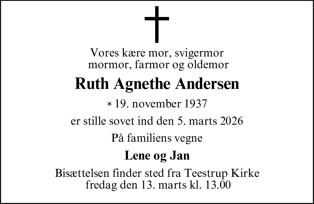 Dødsannonce for Ruth Agnethe Andersen