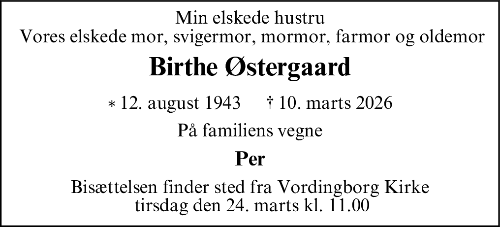 Dødsannonce for Birthe Østergaard