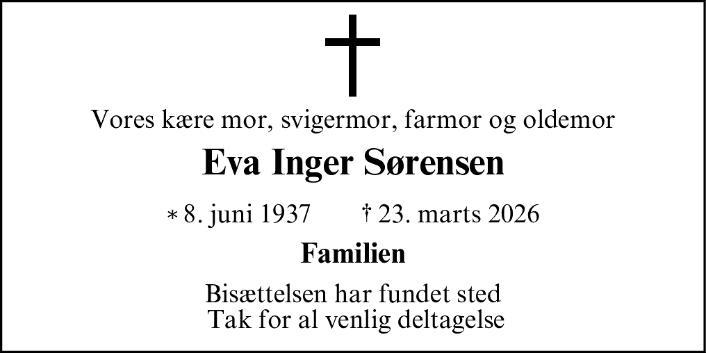 Dødsannonce for Eva Inger Sørensen