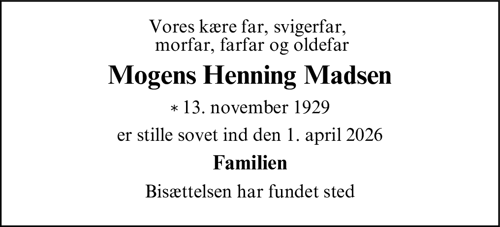 Dødsannonce for Mogens Henning Madsen