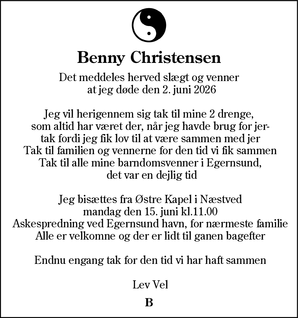 Dødsannonce for Benny Christensen
