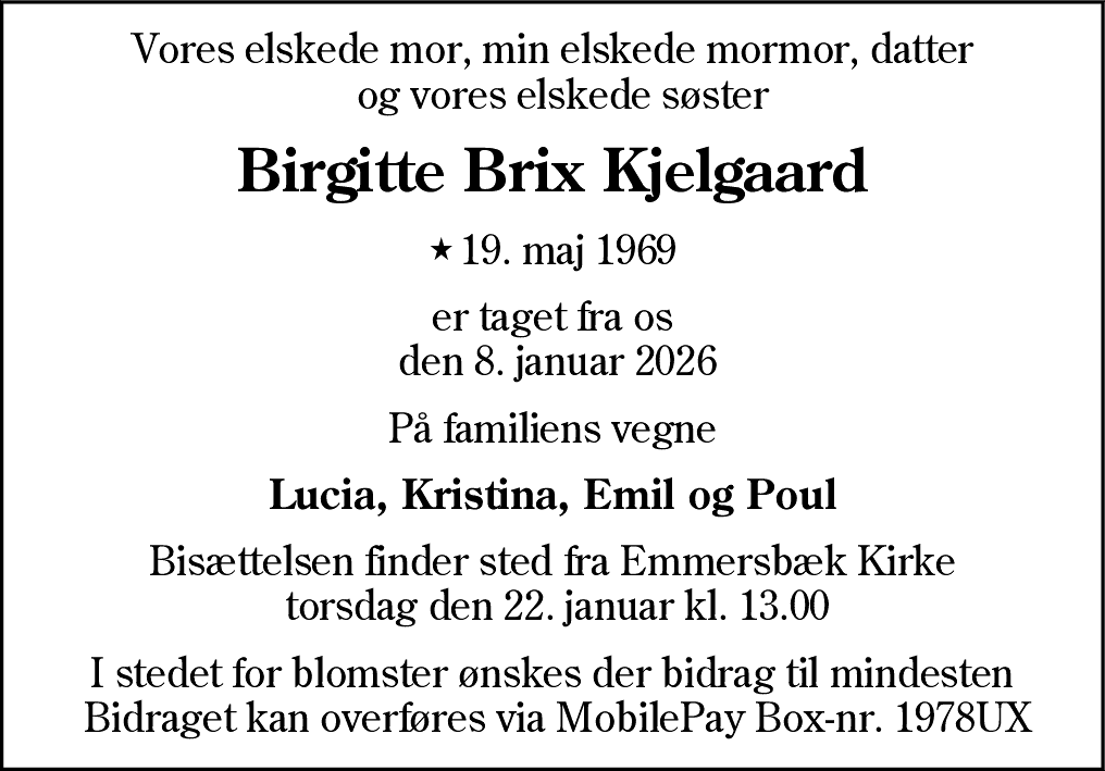 Dødsannonce for Birgitte Brix Kjelgaard