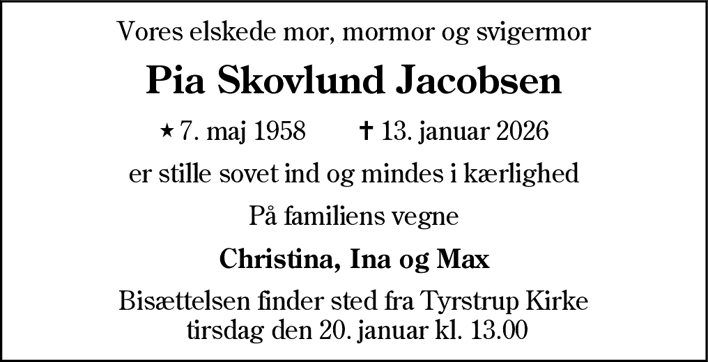 Dødsannonce for Pia Skovlund Jacobsen
