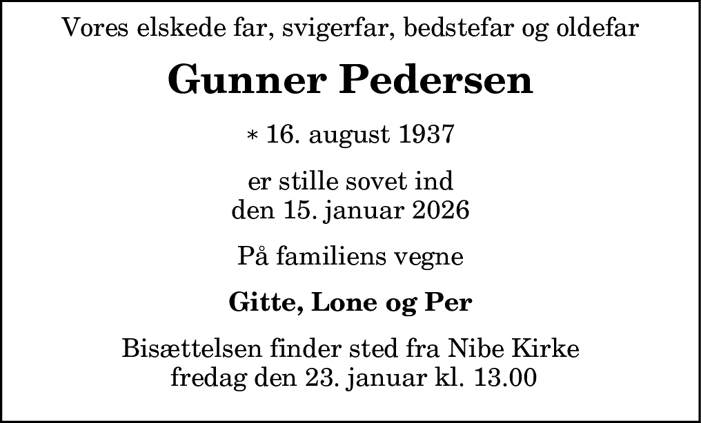 Dødsannonce for Gunner Pedersen