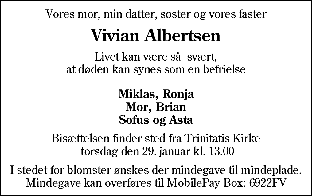 Dødsannonce for Vivian Albertsen
